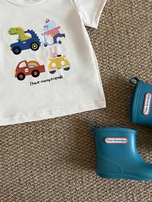 SHEIN Playful Pals Bộ đồ cho bé trai gồm áo tay ngắn và quần short in hình động vật và ô tô hoạt hình dễ thương, thích hợp cho các chuyến đi chơi mùa xuân/hè và mặc hàng ngày. - Màu be - Xem 6