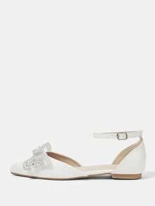 CUCCOO HITCHD Women's Spring/Summer New Fashion Luxury Rhinestone Cute Bow Minimalist Elegant Flat Shoes, Pointed Toe, Romantic Graceful White PU Leather Casual Comfortable Open Toe Backless Buckle Low Heel Flat Wedding Party Valentine's Day Outfit, All Season - White - View 2