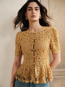 Anewsta Women's French Elegant Hollow Floral Patterned Waist A-Line Knit Top, Summer - Yellow - View 5