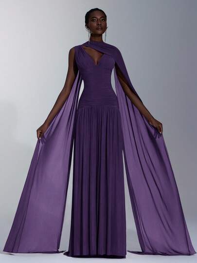 Elitara Váy chữ A xòe rộng, cổ chữ V, chất liệu lưới bóng màu tím thanh lịch (có thể tháo rời phần vải voan phủ ngoài), thích hợp cho các buổi hẹn hò, tiệc độc thân, đám cưới, sự kiện, váy phù dâu.