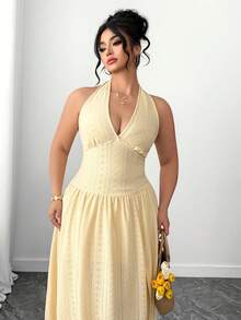 Elenzga Đầm dệt kim thanh lịch cỡ lớn dành cho nữ dự tiệc cocktail cưới - Màu vàng - Xem 7
