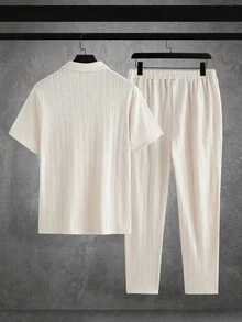 HIMLAND Men's Blue Button-Down Short Sleeve Shirt And White Side Pocket Casual Pants Set Men Casual Top And Bottom Set Men Navy Blue 2 Piece Set Men 2 Piece Set Linen Men Set Men Summer Pants Set - Apricot - View 3