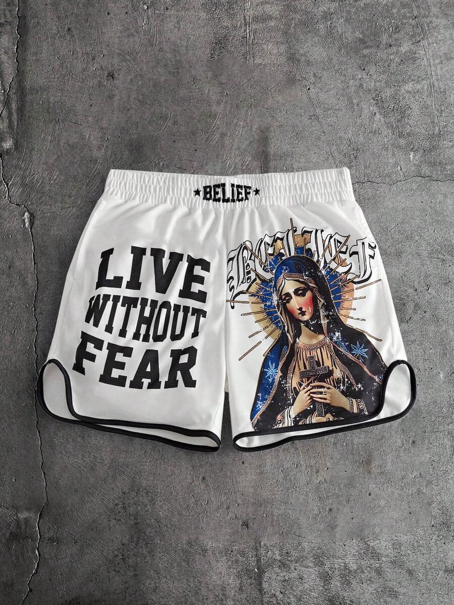 AXEPEAK 男士弹力腰带时尚印花休闲撞色滚边短裤 - 白色 - 查看 1