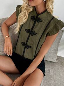 Rafferiza 女士优雅撞色滚边短袖中式纽扣修身衬衫 女士休闲上衣 军绿色上衣 女士橄榄绿上衣 女士优雅衬衫 绿色衬衫 女士高档上衣 女士流行上衣 女士衬衫 女士休闲优雅上衣 女士最新款上衣 新品上市 - 軍綠色 - 查看 1