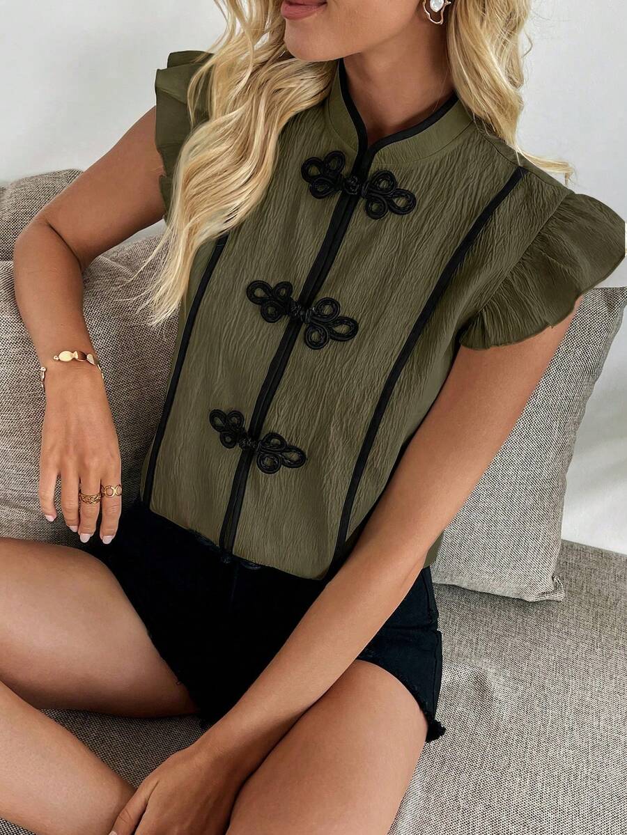 Rafferiza 女士优雅撞色滚边短袖中式纽扣修身衬衫 女士休闲上衣 军绿色上衣 女士橄榄绿上衣 女士优雅衬衫 绿色衬衫 女士高档上衣 女士流行上衣 女士衬衫 女士休闲优雅上衣 女士最新款上衣 新品上市 - 軍綠色 - 查看 1