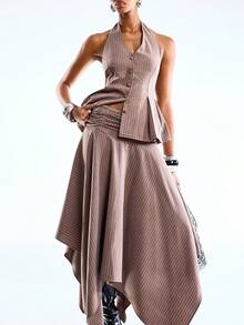 LYSMO 2026 New Arrive Minimalism Spring/Summer Women's Printed Minimalist Casual Sleeveless Top And Skirt Suit Set - Khaki - View 7