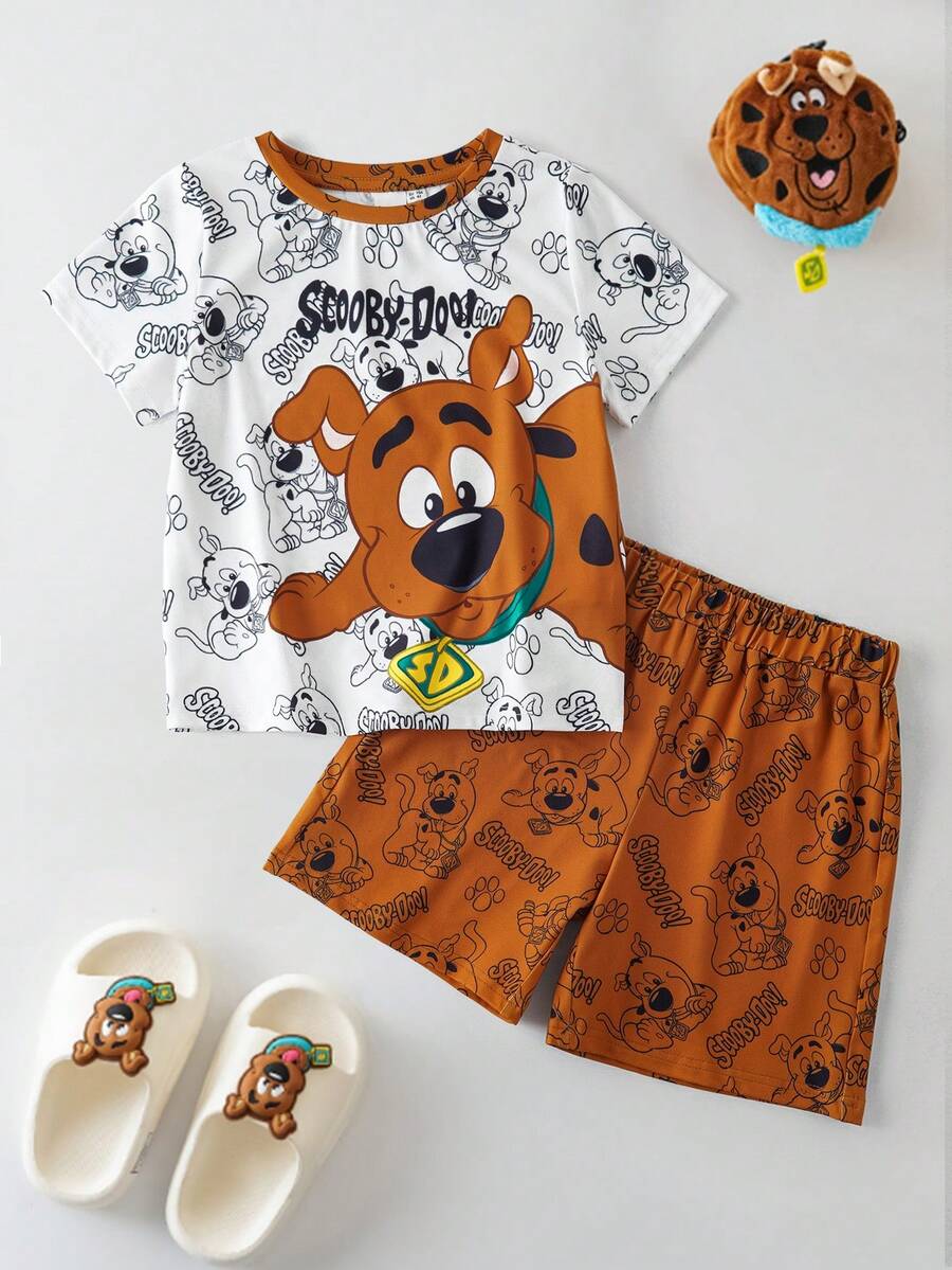 SCOOBY-DOO X SHEIN 男童圆领短袖可爱卡通印花休闲T恤套装，夏季 - 咖啡棕 - 查看 1