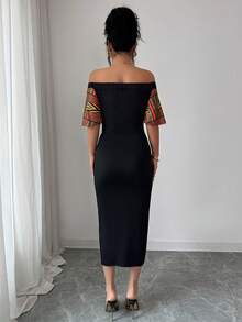 Selianne 优雅露肩喇叭袖开衩下摆连衣裙，适合度假和通勤 - 黑色 - 查看 2