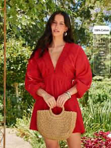 KARISMINA 女士时尚休闲优雅浪漫V领连体裤，红色连体裤 - 紅色 - 查看 5