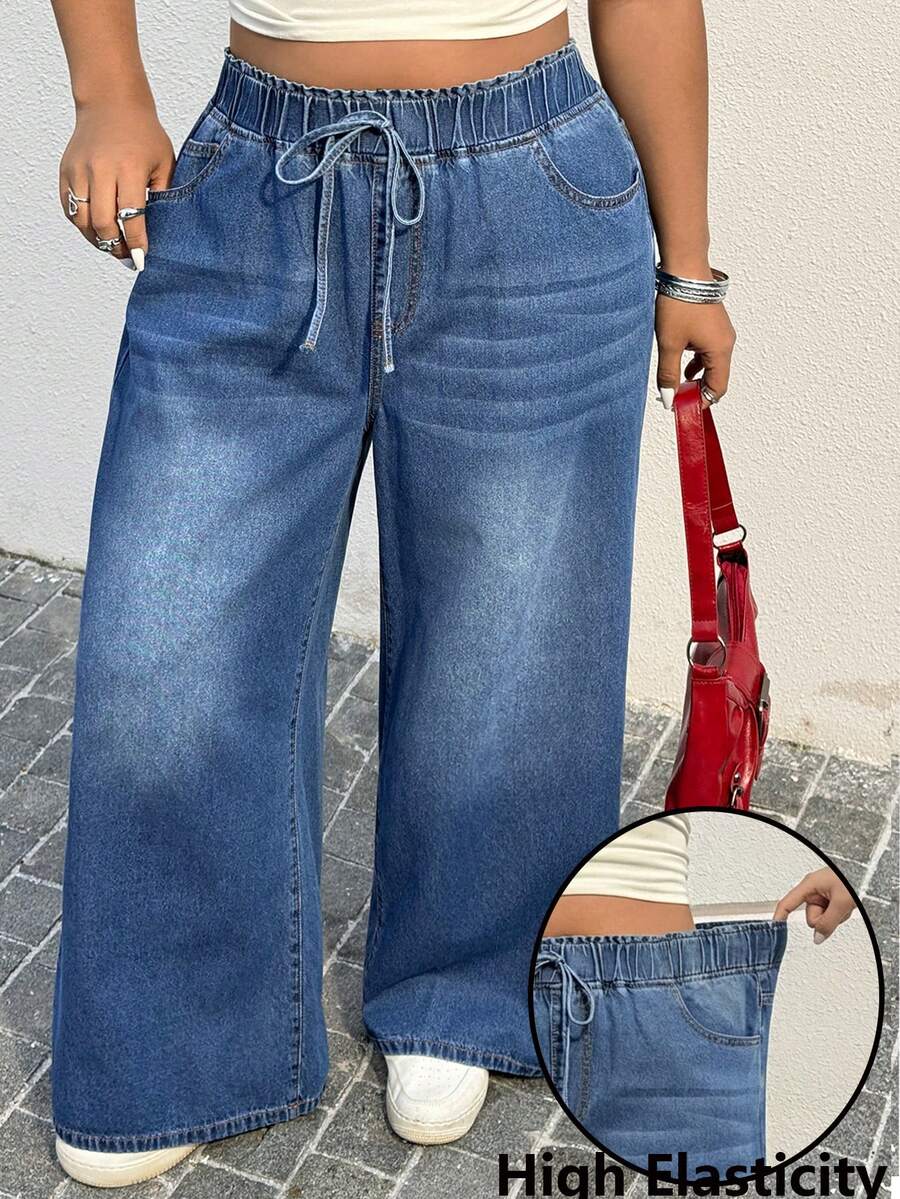 Muchica Plus Size Women's Fashion Washed Straight Pocket Jeans Date, Commute, Party,Fall /Autumn/Winter/Summer,Christmas,New Year,Thanksgiving,Party,Wedding,Beach,Graduati,Chic,Elegant,Casual,Going Out,Date,Appointment,Commute,Shining,Valentine's Day,Elegant ,Vacation,Casual,Y2k,Sexy - Blue - View 1