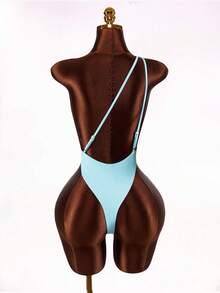 Amplova Women's Shiny Asymmetric Hollow-Out Sexy Backless One-Piece Swimsuit, Cute And Fashionable For Beach Vacation - Blue - View 9