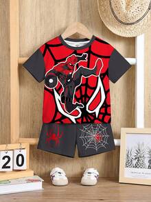 SHEIN 男婴休闲简约宽松舒适经典时尚运动风套装，蜘蛛印花，撞色宽松舒适圆领短袖T恤短裤套装，适合春夏穿着 - 彩色 - 查看 2