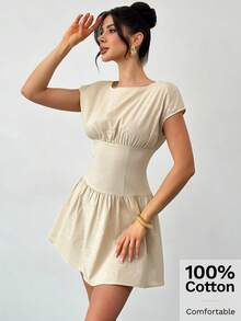 Firerie Đầm mini nữ thanh lịch, tối giản, tinh tế, trang nhã, phù hợp đi làm, dạo phố, thoải mái hàng ngày, đi nghỉ mát, đi biển, xếp ly eo, tay ngắn, dáng chữ A, màu mơ, chất liệu vải lanh, thích hợp cho mùa xuân/hè. - Màu be - Xem 7