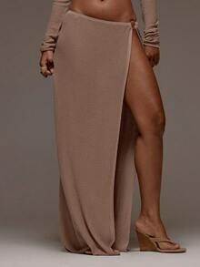 MUSERA Knit Brown High Leg Split Ring Detail Maxi Skirt Holiday Spring Summer Holiday Vacation Beach Ibiza Festival Party Elegant Divinity - Camel - View 1