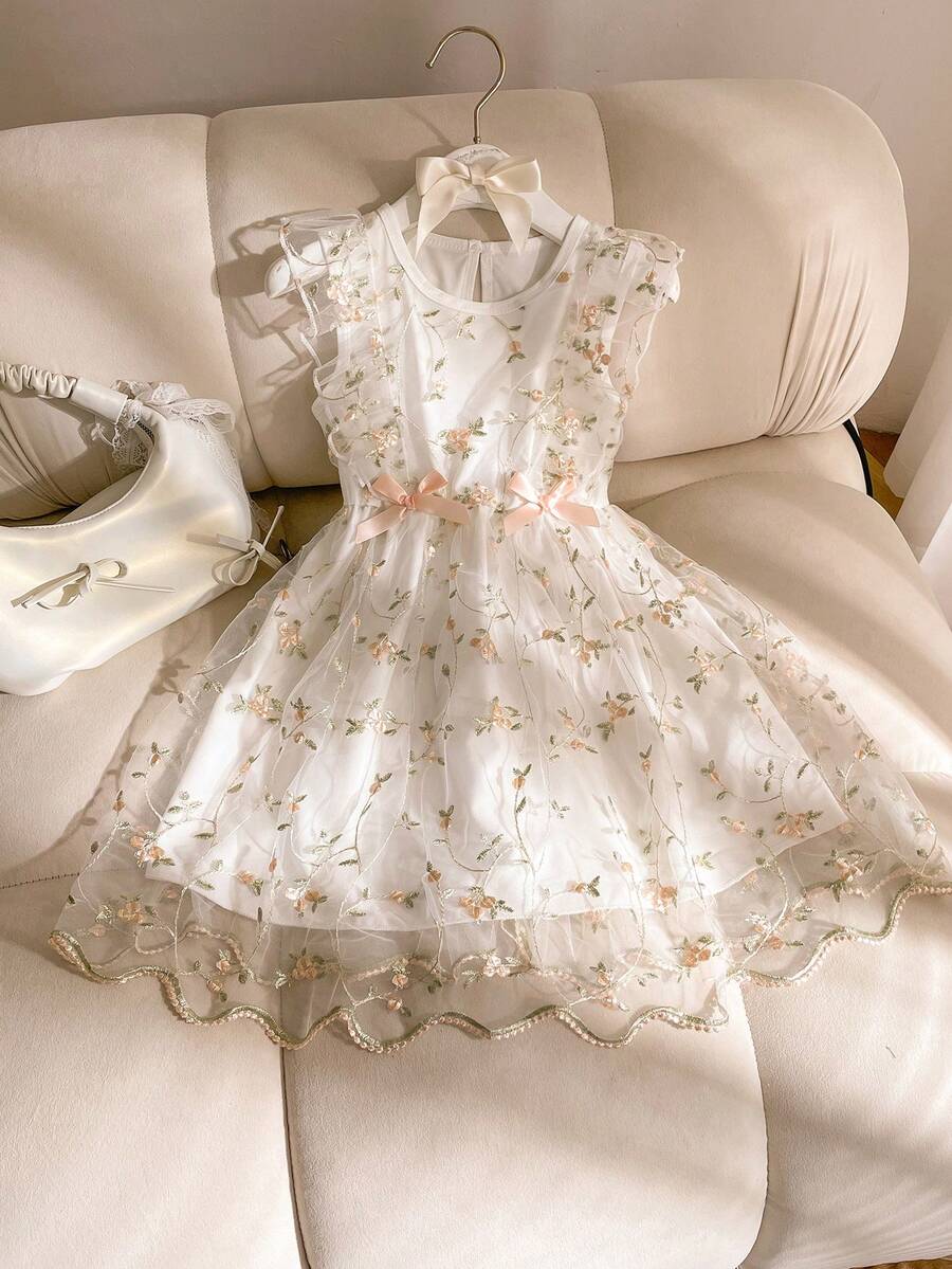 SHEIN 女童甜美荷叶边无袖刺绣网纱公主裙，适合度假、派对、夏季穿着 - 彩色 - 查看 1