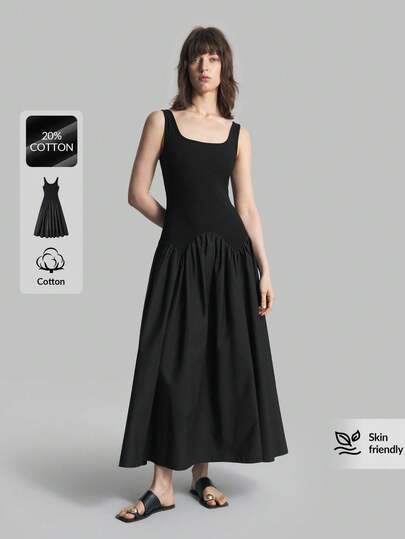 Ontre 2026春夏女士长款纯黑色无袖连衣裙，优雅休闲风，拼接设计，A字廓形，针织和梭织面料，简约时尚都市风格，适合婚礼宾客、度假等场合，时尚百搭长裙