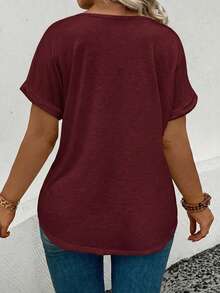 EMERY ROSE Kaos Wanita Ukuran Plus Terbaru 2025, Model Kasual Motif Leopard, Leher V, Longgar, Nyaman, Lengan Pendek. - Burgundy - View 2