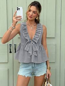 Serisse 女士V领无袖荷叶边格子夏季褶皱衬衫 - 彩色 - 查看 3