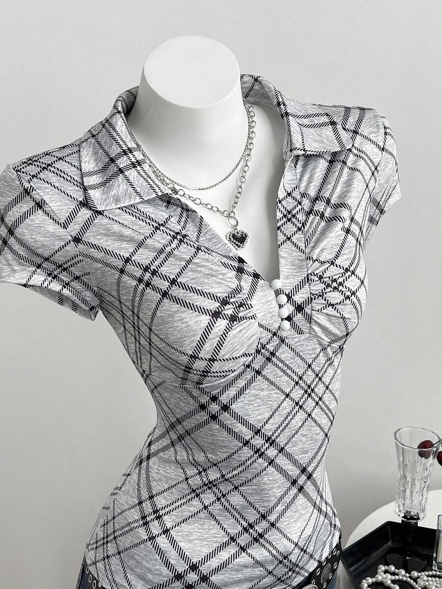 Elamini Women's Casual Grey Plaid Minimalist Collared Fitted Short Sleeve T-Shirt - Grey - View 1