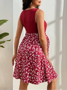 SHEIN Floral Patchwork Sleeveless A-Line Midi Dress, Casual Party Nursing Dress - Burgundy - View 2