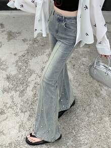 DAZY Quần jeans ống loe dáng nhỏ dành cho nữ, đính đá lấp lánh, kiểu Hàn Quốc. - Màu xanh lam - Xem 6
