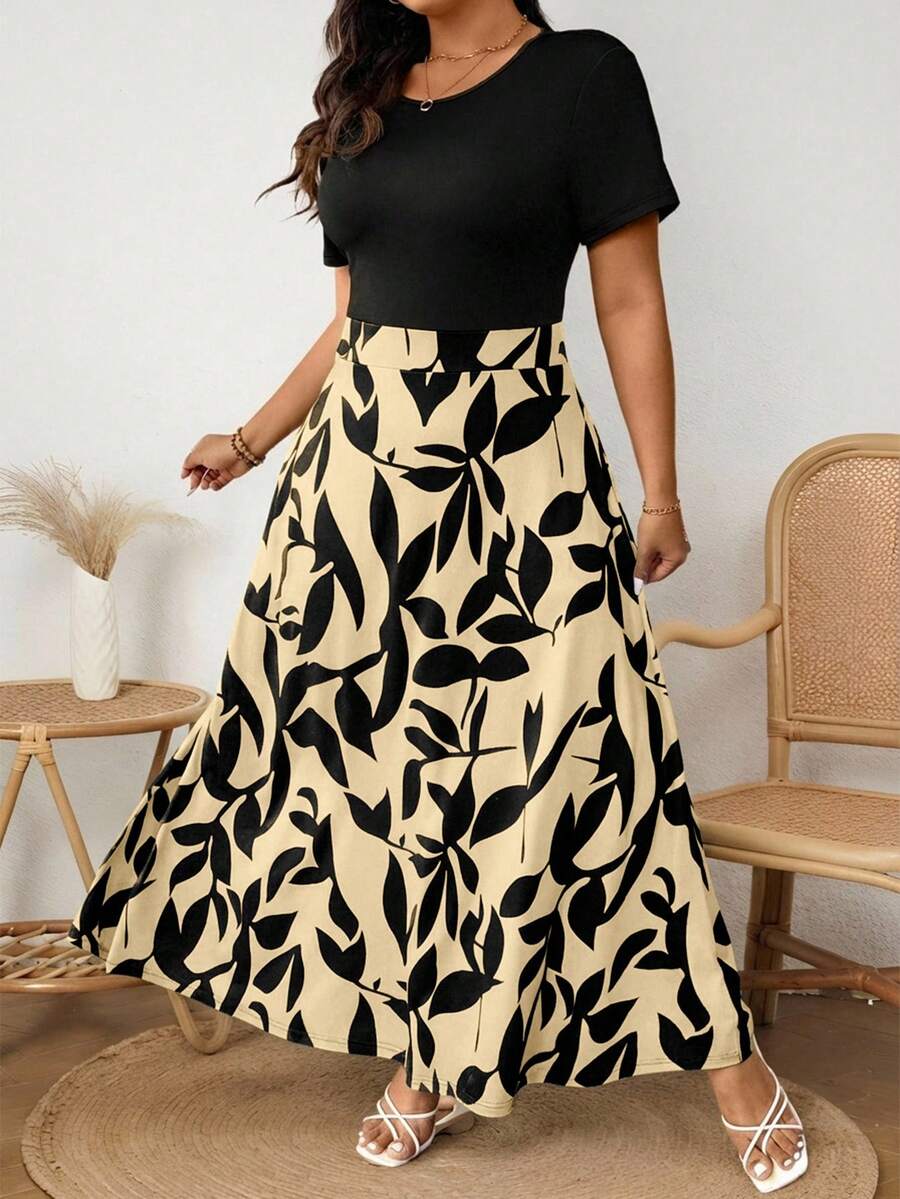 SHEIN Frenchy 大码休闲简约印花拼接修身长款连衣裙，针织面料，适合休闲度假、居家休闲穿着，绿色连衣裙 - 彩色 - 查看 1