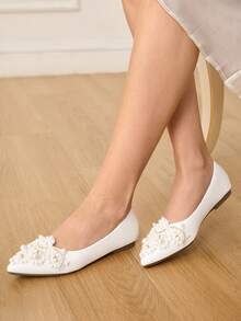 CUCCOO HITCHD 女士25春夏新款3D珍珠尖头浪漫优雅鞋，白色新娘婚鞋 - 白色 - 查看 4
