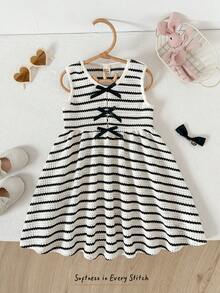 Cozy Pixies Young Girl Striped Pattern Bow Decor Round Neck Sleeveless Waist Cinched Dress Toddler Dress Kids Aline Dress Toddler Girl Cream And Black Dress Kids Casual Sleeveless Dresses Girl Striped Dress - Black - View 9