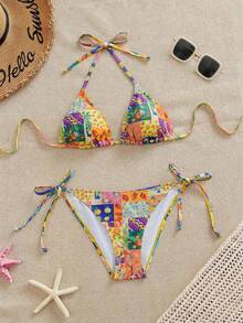 Swim Mod Women's Fashion Sexy Beach Vacation Style Patchwork Print Knot Halter Split Bikini Set - Pink - View 1