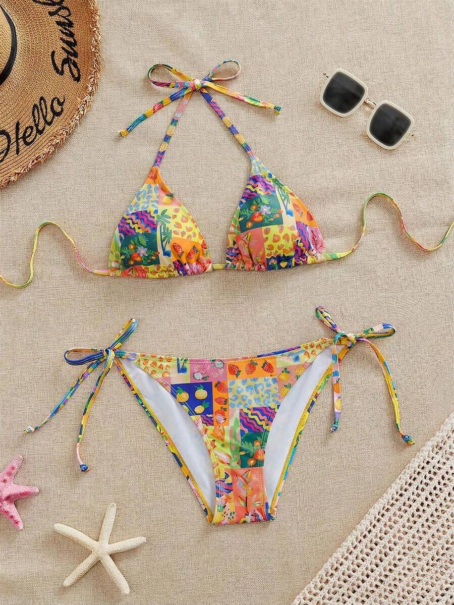 Swim Mod Women's Fashion Sexy Beach Vacation Style Patchwork Print Knot Halter Split Bikini Set - Pink - View 1