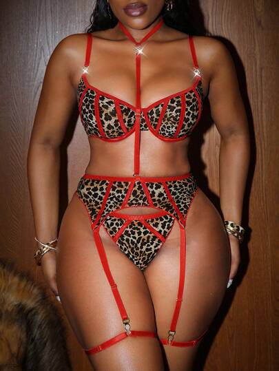 6pcs Leopard Print Contrast Color Rhinestone Decor Sexy Lingerie Set