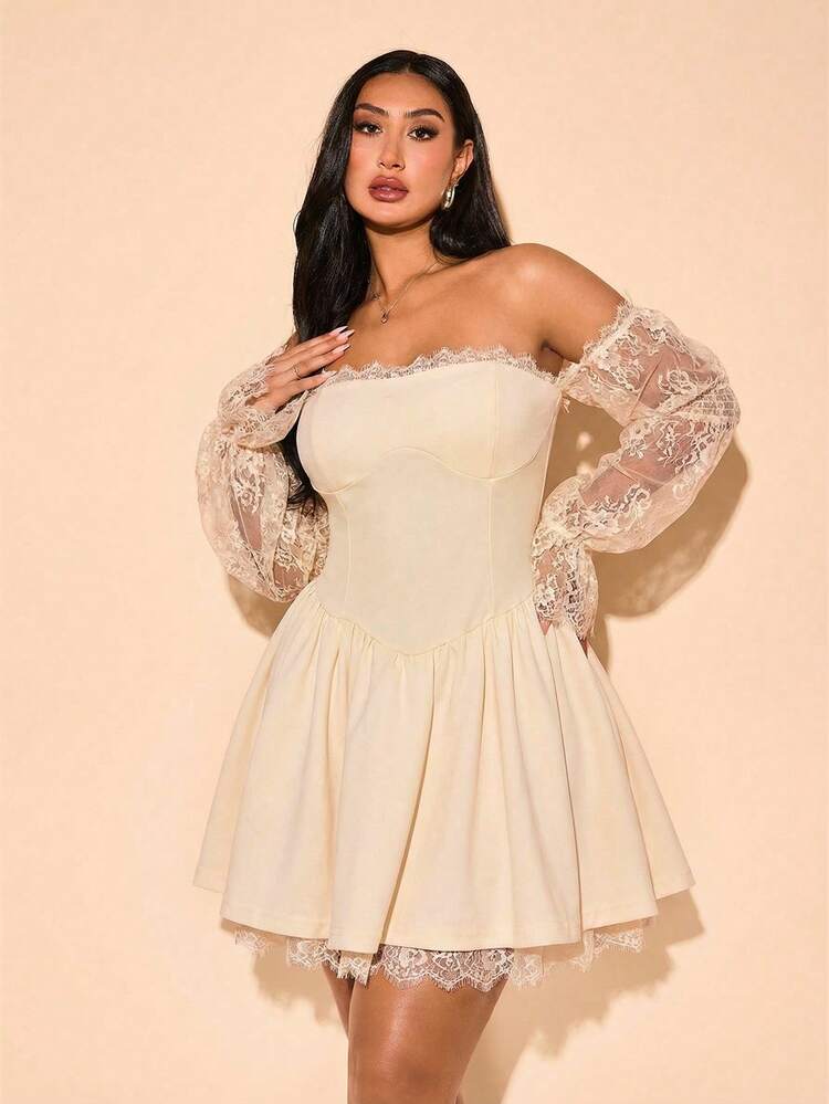 SHEIN BAE Vestido mini elegante de encaje romántico para mujer de talla grande, vestido corto de parche de encaje adecuado para el Día de San Valentín, cita nocturna, vida nocturna, vestido francés, vestido de noche, fiesta de cumpleaños, vestido de dama de honor, vestido sencillo y elegante para uso diario, vestido de novia, vestido para ocasiones formales, vestido sexy de playa, atuendos de verano para mujer, atuendos de vacaciones, vestido mini de malla - Albaricoque - Añade 5