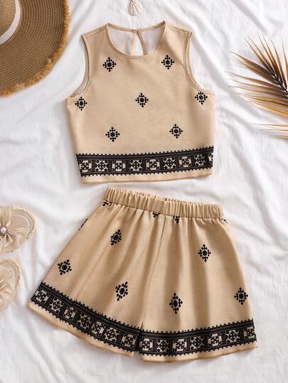 Sparklyn Tween Girls' Casual Vacation Bohemian Style Floral Print Sleeveless Round Neck Top And Shorts Loose Cropped Tank Set, Spring/Summer