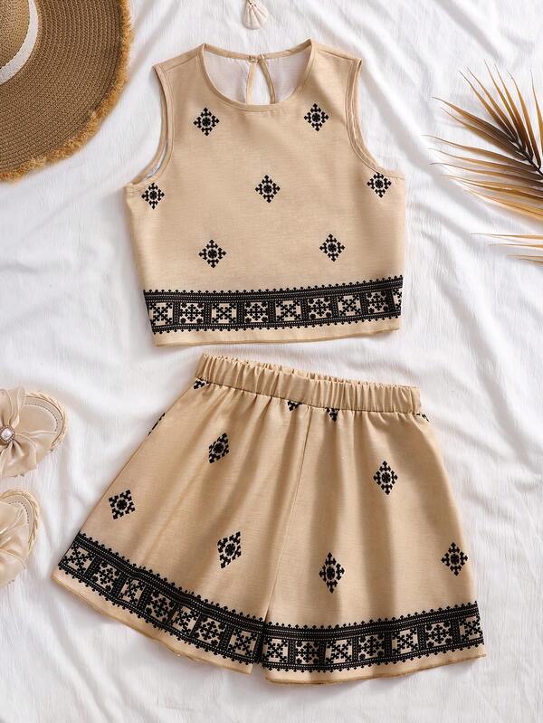 Sparklyn Tween Girls' Casual Vacation Bohemian Style Floral Print Sleeveless Round Neck Top And Shorts Loose Cropped Tank Set, Spring/Summer