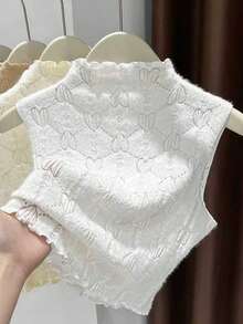 Resyla 女士休闲镂空心形图案针织立领T恤，夏季 - 白色 - 查看 1