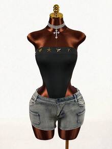 Mistrie Black Summer Strapless Tube Top Bodysuit,Metal Star Decor Rivets,Non-Slip Shoulder Cutout Club Pool Party Punk Street Style Fitted Knit Fabric - Black - View 1