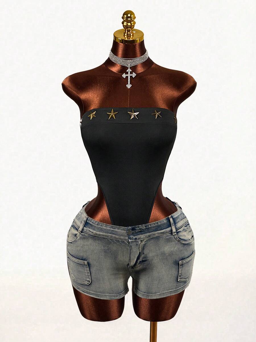 Mistrie Black Summer Strapless Tube Top Bodysuit,Metal Star Decor Rivets,Non-Slip Shoulder Cutout Club Pool Party Punk Street Style Fitted Knit Fabric - Black - View 1