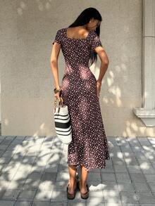 SHEIN Unity Women's Casual Ditsy Floral Round Neck Dress, Summer - Coffee Brown - View 2