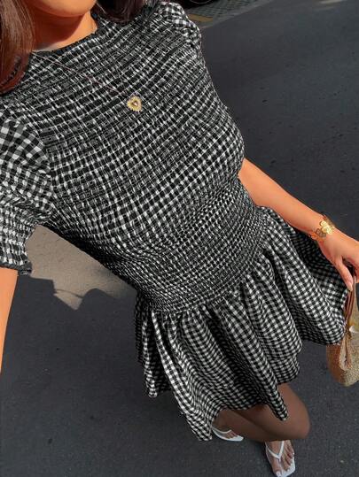 Sunnyshic Women's Red Plaid Elastic Round Neck Petal Sleeve A-Line Hem Fitted Romantic Beach Vacation Mini Dress