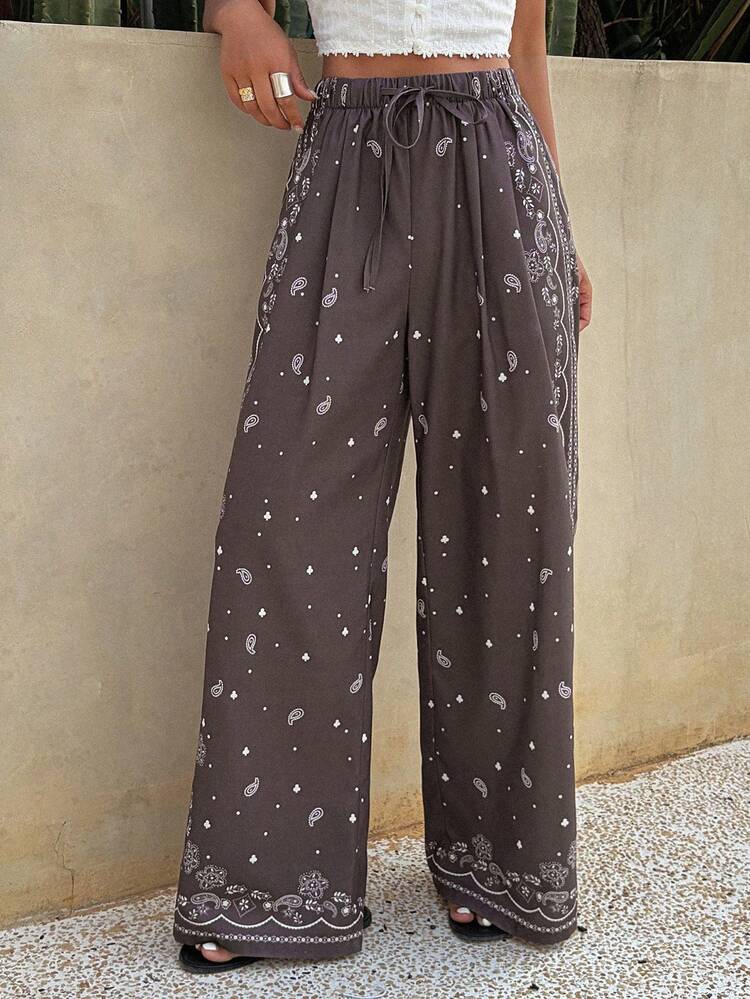 Floral Print Loose Wide Leg Pants With Elastic Waist And Drawstring, Casual Holiday Wear For Women, Spring/Summer