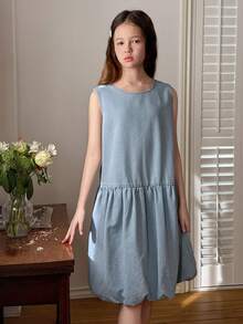 DAZY Tween Girls Sleeveless Round Neck Denim Ruffle Dress - Blue - View 6