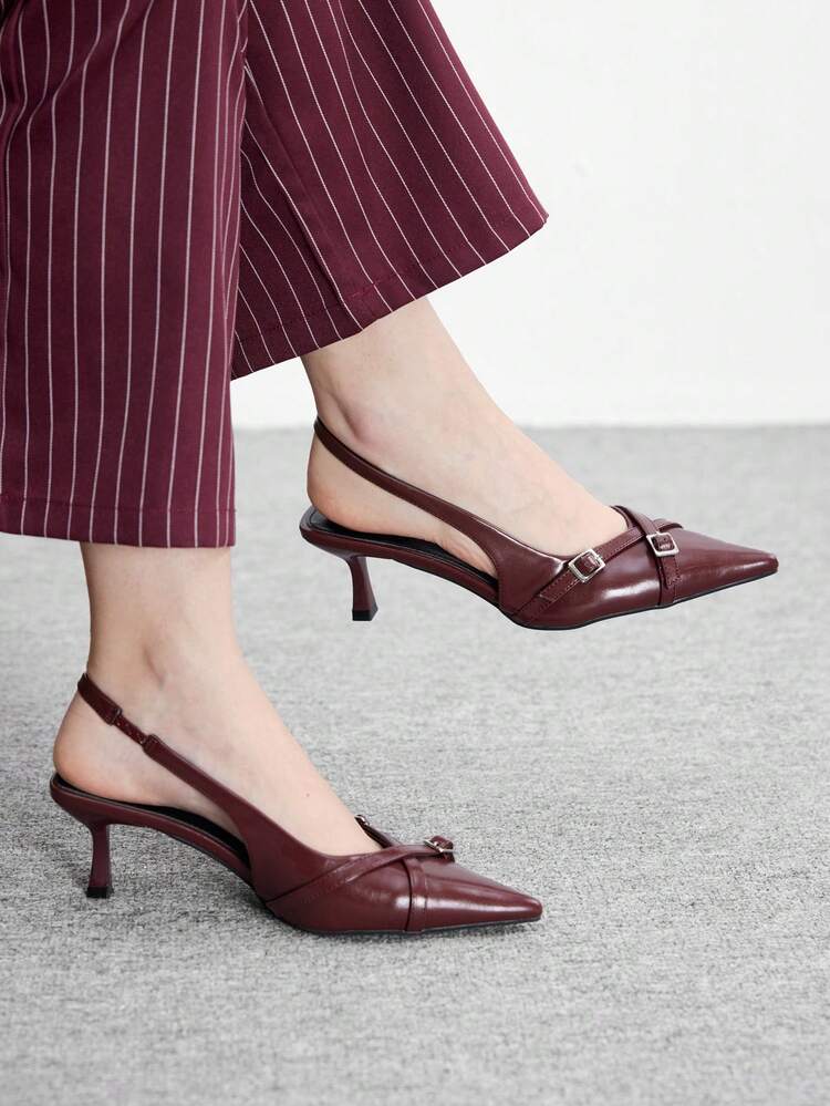 CUCCOO BIZCHIC The Combination Of Burgundy Leather Buckle With Pointed Thin Heels And Tripped Sandals, Retro Capable Style, Burgundy Leather + Metal Buckle Decoration, Not Only Has The Elegance Of Retro Tones, But Also Has A Neat Sense Of Embellishment Details, Suitable For Women Who Prefer Retro Light And Familiar Style, Suitable For Workplace Commuting, Light Business Dating, Autumn And Winter Wear And Other Occasions, Taking Into Account Temperament And Practicality Spring Shoes