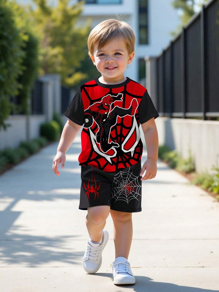 SHEIN Young Boy Spider Print Sports Style Color Block Short Sleeve T-Shirt,Casual Loose Comfortable Fashion Style For Summer Street Photography - Multicolor - View 1