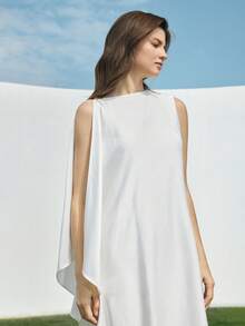 Ontre Vestido de mujer de marfil cómodo y suave de satén texturizado con cuello barco ajustado, sin mangas, diseño asimétrico, volante lateral, cierre con hebilla metálica, decoración elegante y moderna para invitada de boda, minimalista, romántico, francés, lujoso, urbano, elegante, casual de oficina, vintage discreto, de alta gama para viajes urbanos, esencial para aeropuerto y crucero en Oriente Medio, vestido versátil para todas las estaciones de la serie de bodas - Blanco - Ver 7