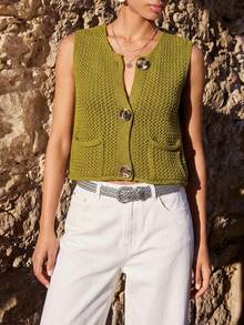 Maija Women's Chunky Knit Sleeveless Cardigan, Spring - Olive Green - View 2