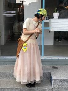 DAZY 女士纯色圆领荷叶边网纱无袖中长连衣裙 - 杏色 - 查看 6