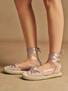 Rosivie 女士平底镂空系带芭蕾舞鞋款缎带编织草绳凉鞋，波西米亚风格，适合度假、日常、约会、海滩、旅行、休闲穿着 - 粉色 - 查看 5