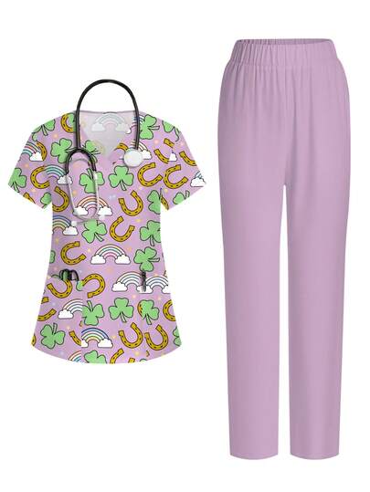 PopScrub 2pcs/Set Women's Clover, Rainbow Cartoon Graphic Print V-Neck Short Sleeve Pocket Ear Hanging Split Design Outfit, Nurse Uniform, Casual Suit For Spring/Summer, Suitable For Vacation And Daily Wear