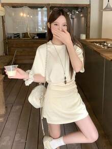 DAZY Women's Soft & Gentle Fashion Top + Skirt Pants 2 Pieces Set, Summer - Apricot - View 3