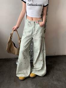 DAZY Quần jeans nữ dáng rộng, in họa tiết toàn thân, chất liệu wash, phong cách Hàn Quốc. - Màu xanh lam - Xem 4